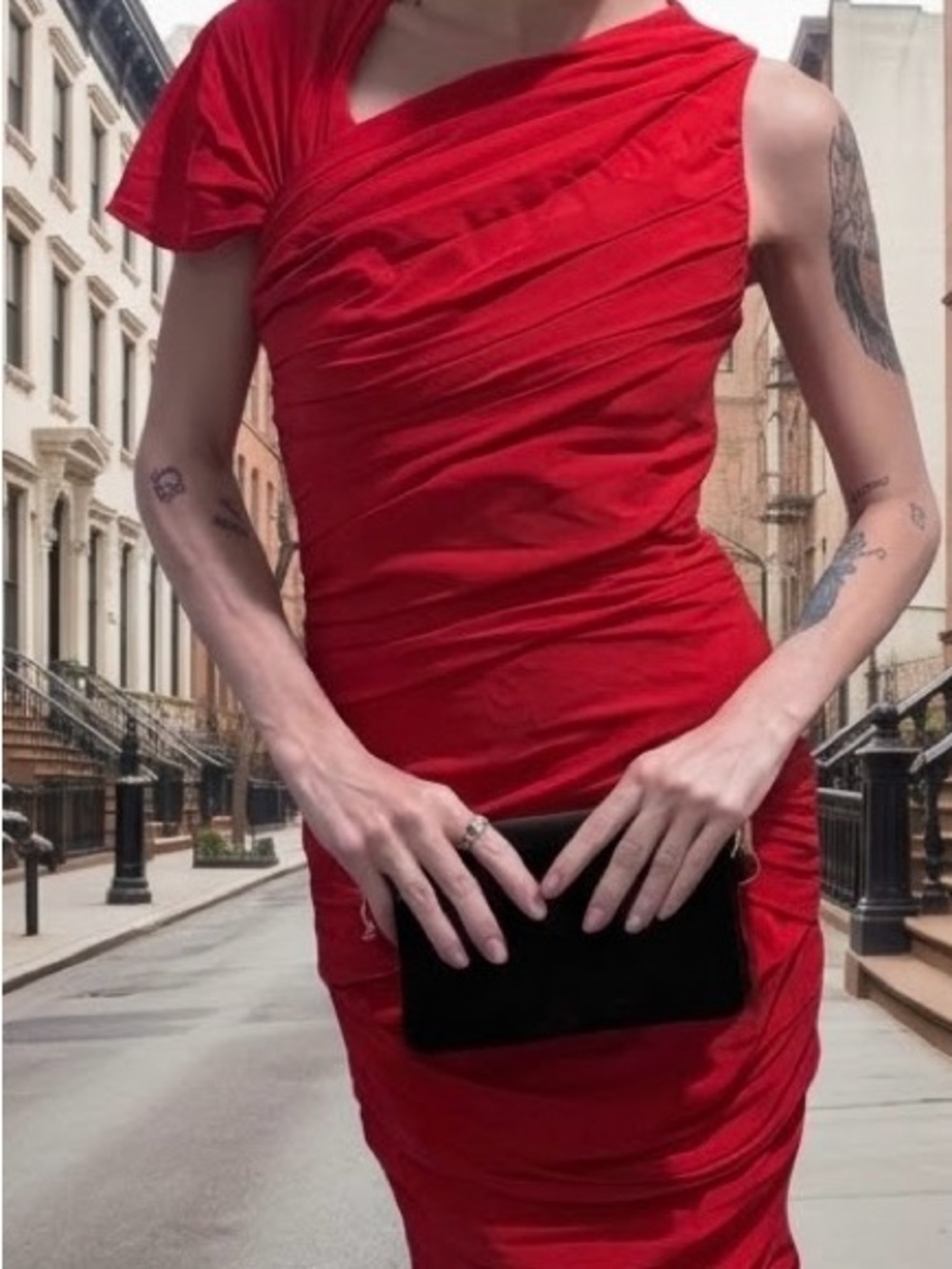2012 Rami Kashou for BEBE Red One-Shoulder Ruched Dress